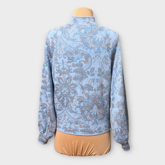 Anthropologie Mock-Neck Sweater Small Silver Metallic Blue Paisley Winter Retro - Picture 7 of 8